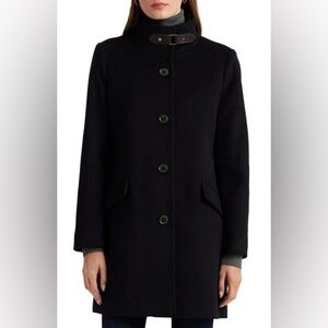Ralph Lauren Tab-Front Wool Blend Coat Regal Navy Size 16 NWT Leather‑Tab